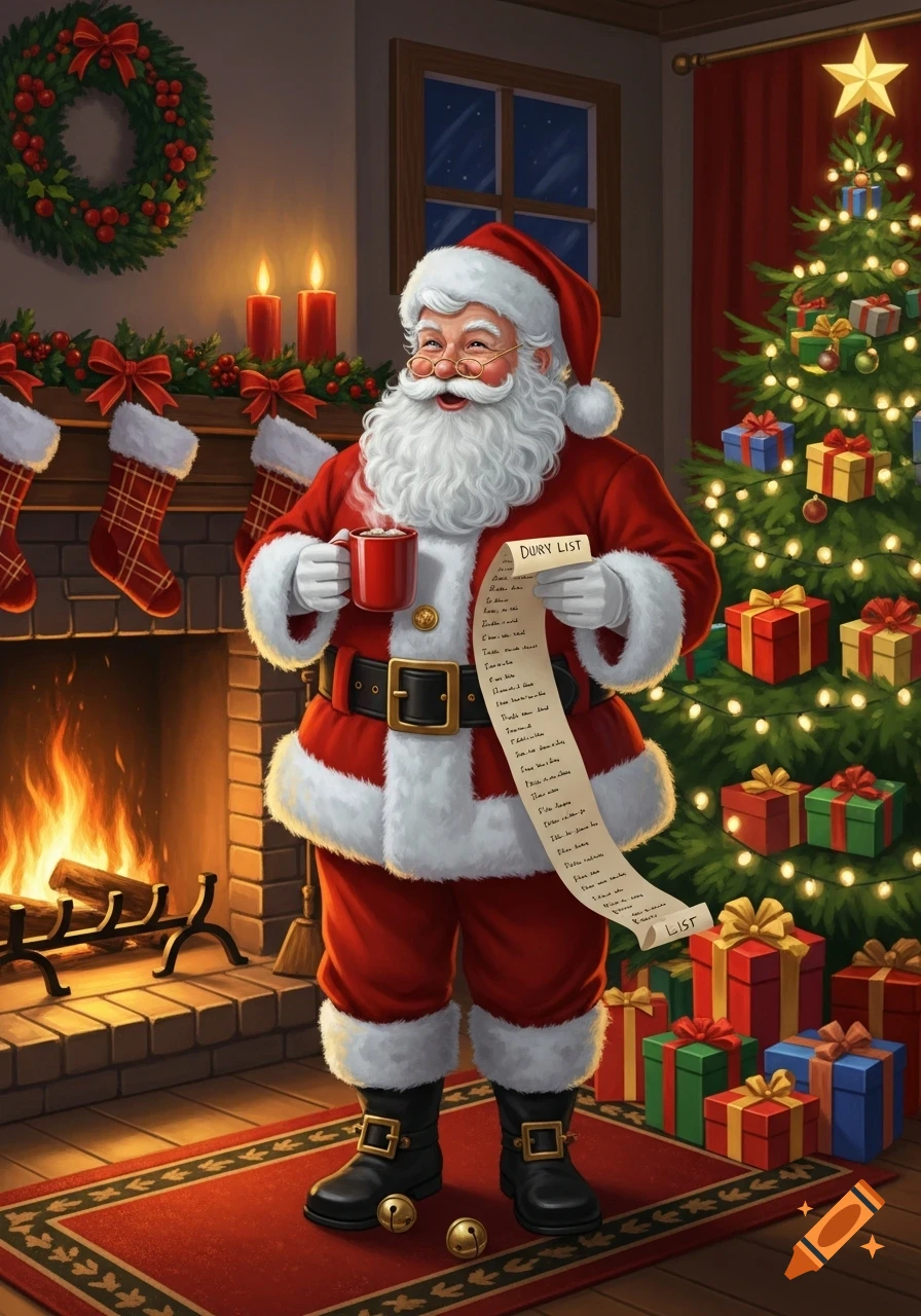 Santa Claus holding a steaming mug and a long scroll, standing in a festive room next to a fireplace and a decorated Christmas tree.