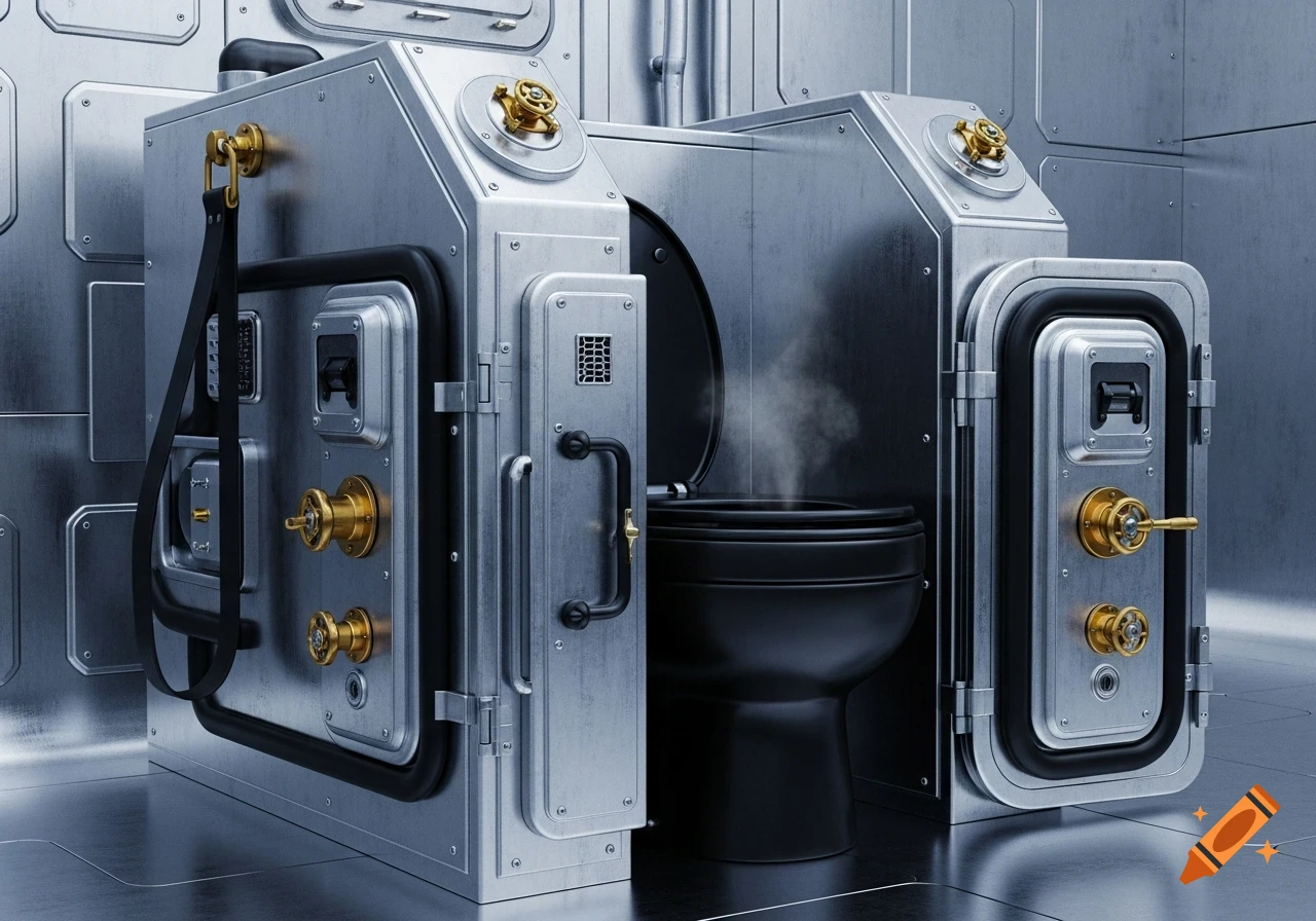 A bizarre industrial toilet made of gleaming brushed steel and black rubber, with golden valves, straps, and steam rising from the bowl.