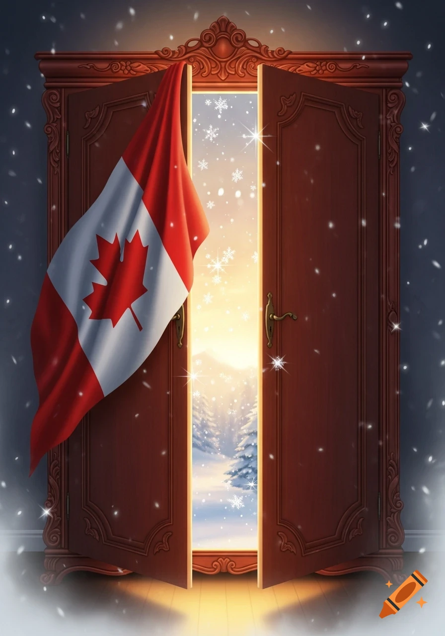 An open ornate wooden wardrobe with a Canadian flag draped over it, acting as a portal to a snowy winter wonderland, with falling snowflakes.