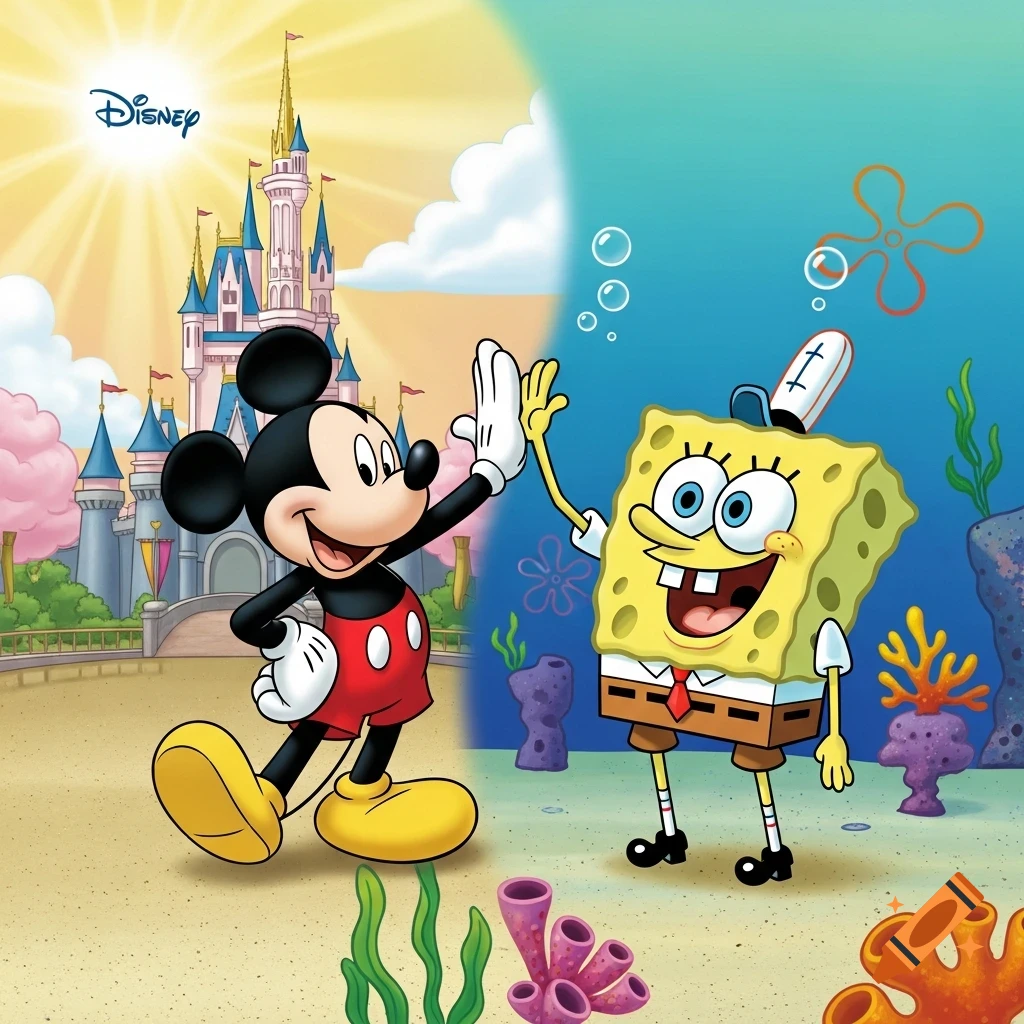 Mickey Mouse on land with a castle in the background high-fives SpongeBob SquarePants in an underwater scene.