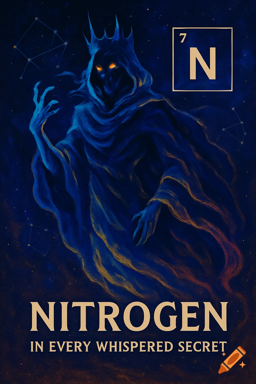 Dark fantasy art of a crowned, cloaked figure with glowing eyes on a starry background. Text: NITROGEN, 7 N, 'IN EVERY WHISPERED SECRET'.