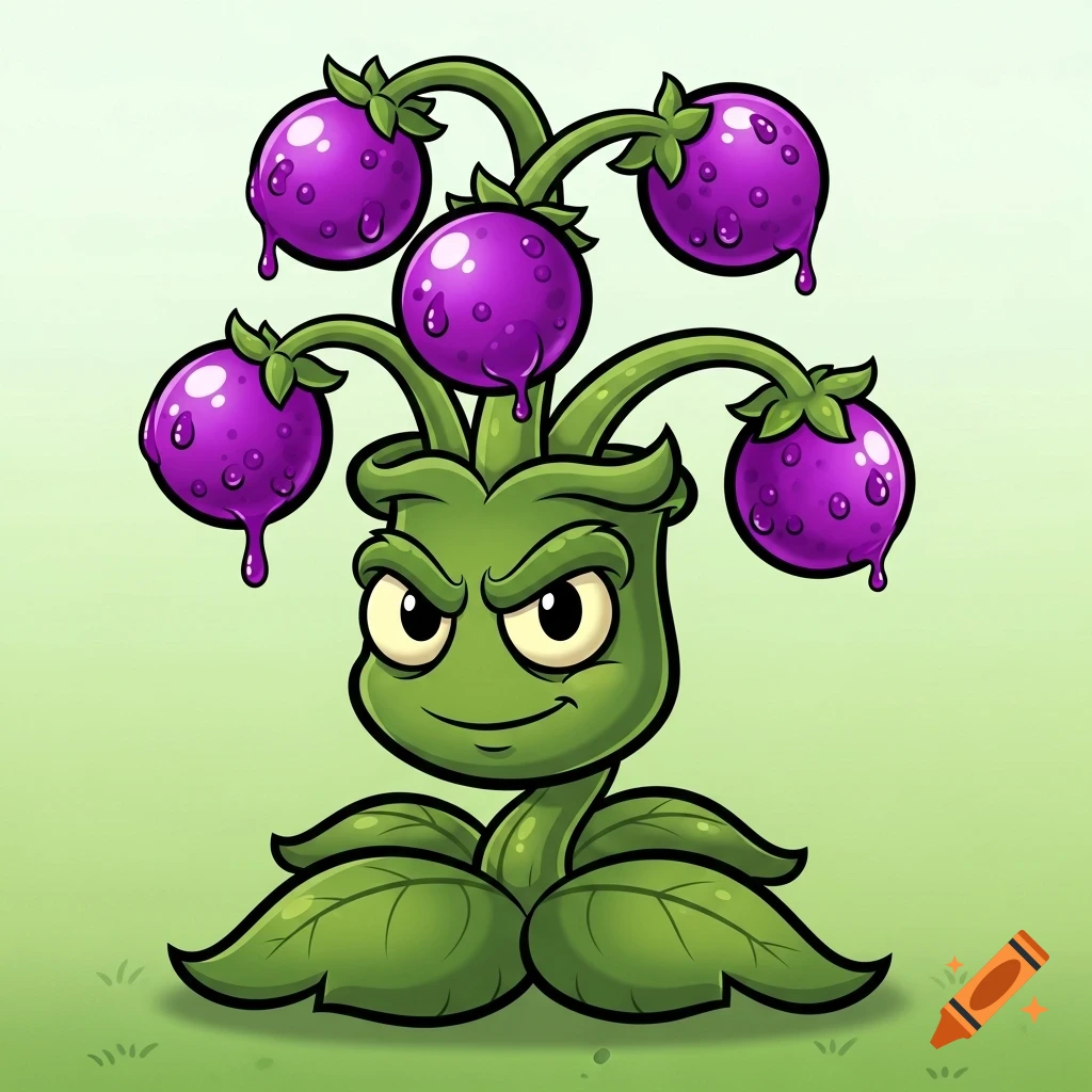 Cartoon Poison Berry plant in Plants vs. Zombies style with a mischievous face, green leaves, and five dripping purple berries.