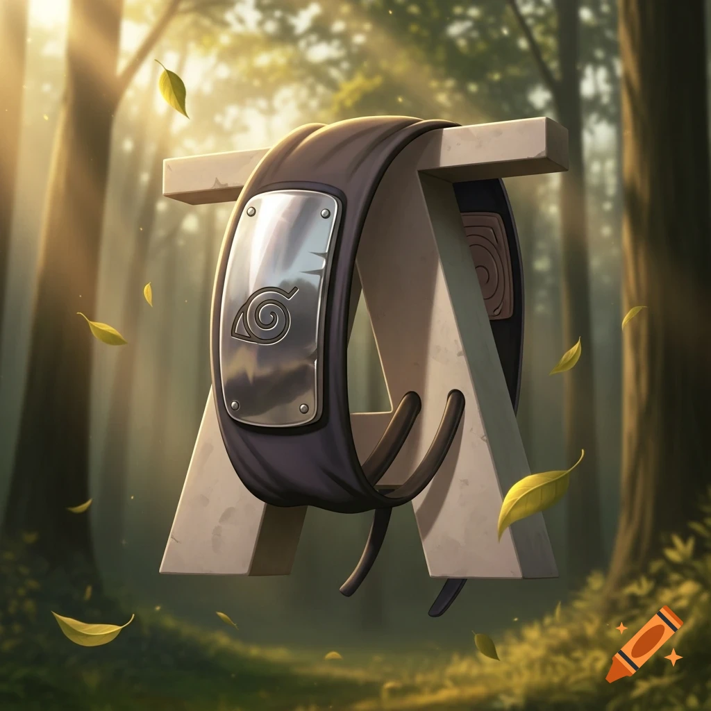 A Naruto headband with a Konoha symbol hangs on a large letter 'A' in a sunlit forest, digital illustration.