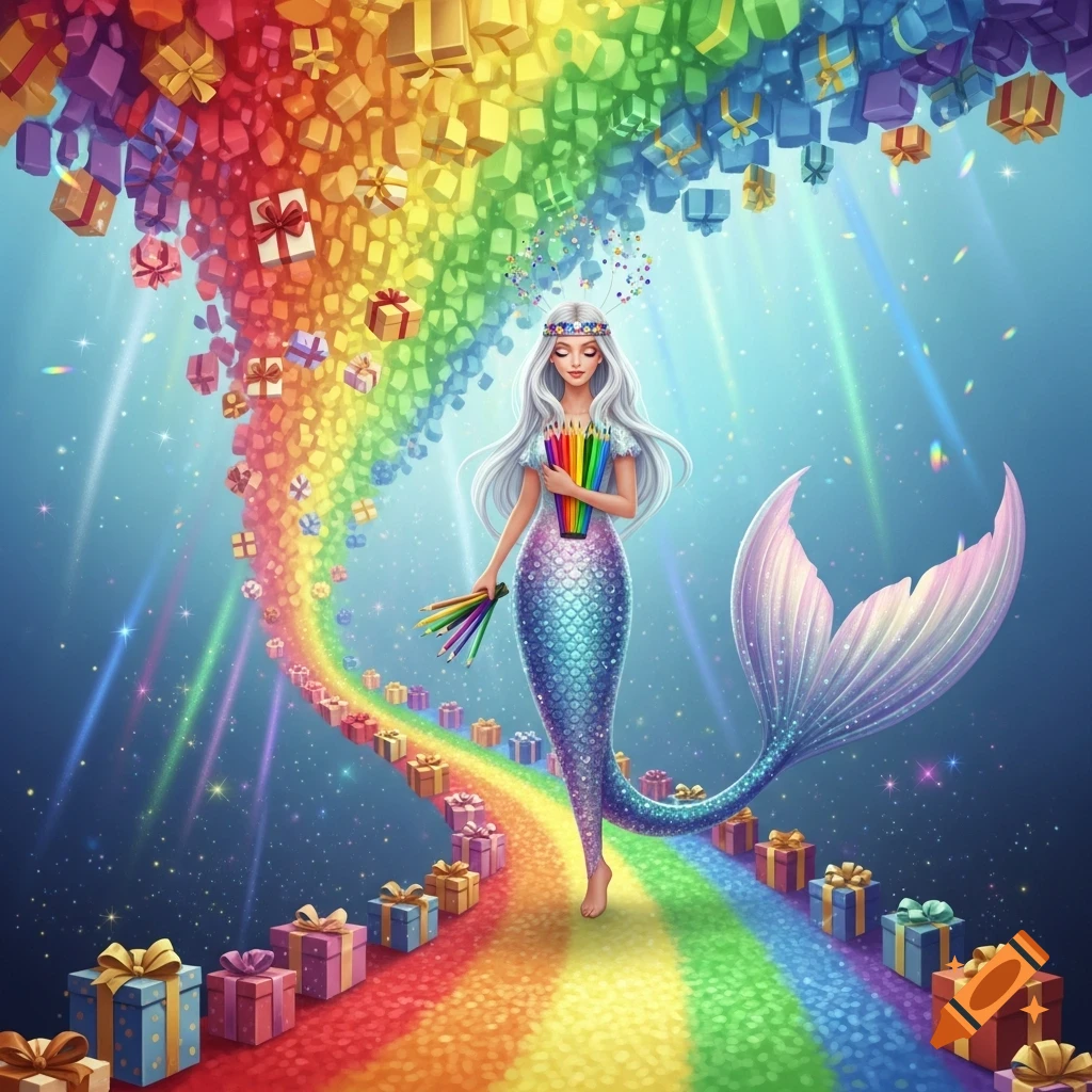 A vibrant illustration of a white-haired mermaid walking on a rainbow path made of gifts, holding colorful pencils, as more gifts rain down.