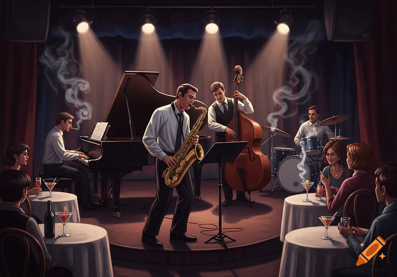 An illustrated jazz band performs on a dimly lit stage in a club, with patrons enjoying drinks at tables.