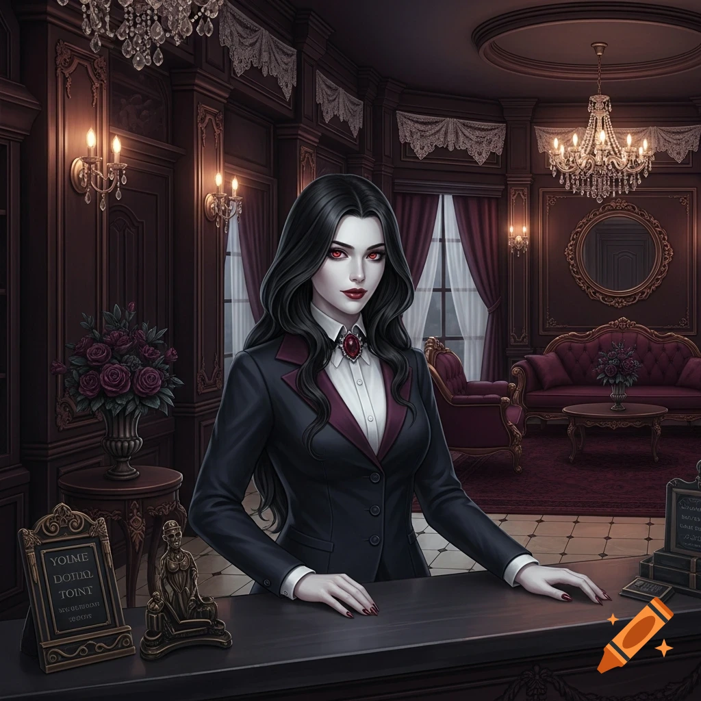 A beautiful vampire receptionist with long dark hair and red eyes stands behind a counter in a luxurious gothic hotel lobby, wearing a dark suit.