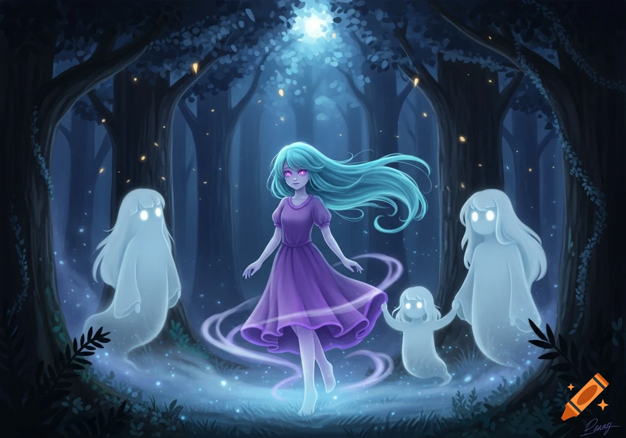 An anime girl with cyan hair and a purple dress floats in a magical forest, surrounded by three glowing white ghost figures.