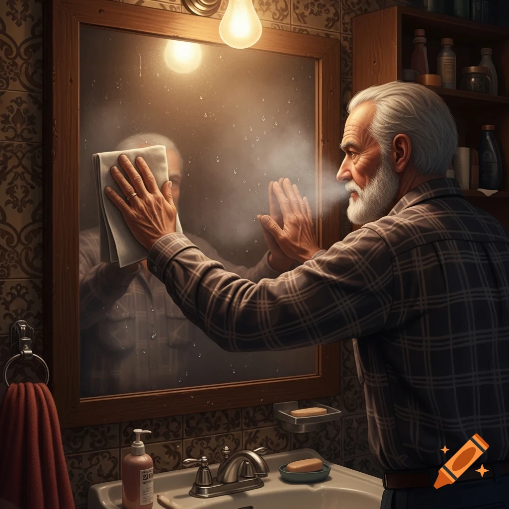 An old man with a beard wipes a foggy bathroom mirror with a cloth, his reflection visible.
