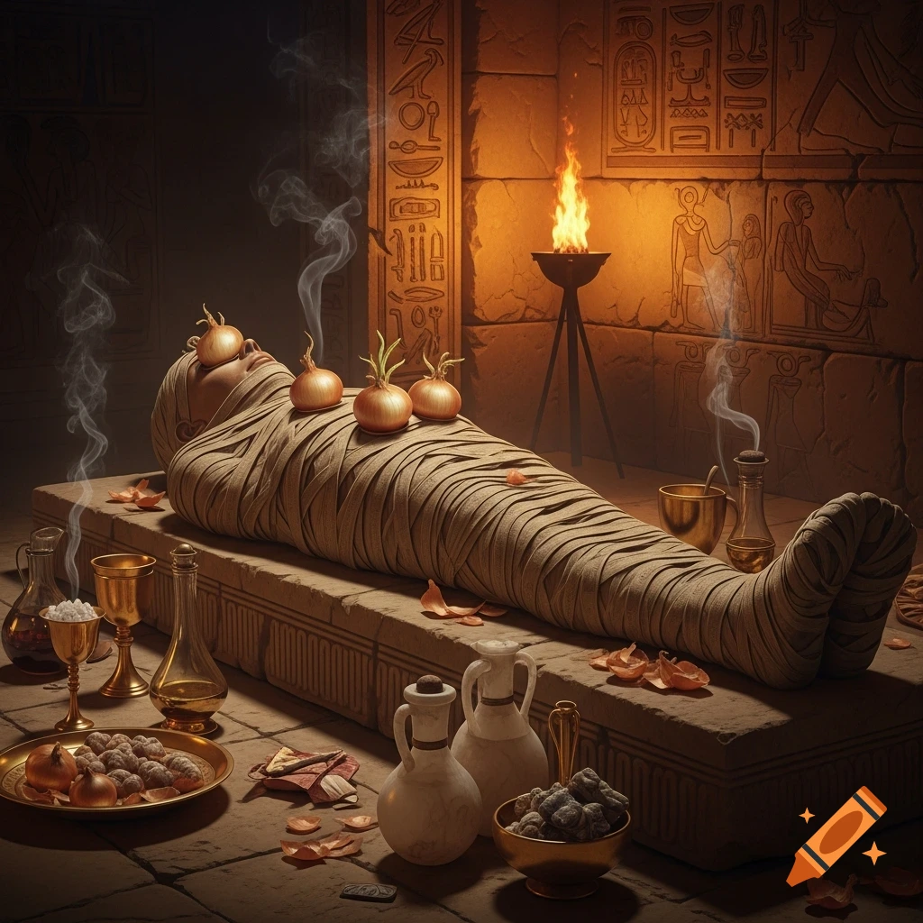 Photorealistic image of a mummified body with onions on its face and chest, laid on a stone slab in an ancient Egyptian chamber with hieroglyphs and flickering torchlight.