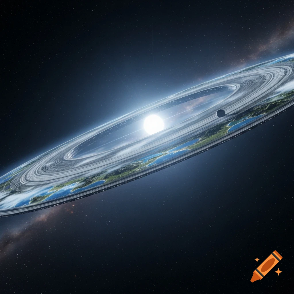 A detailed view of a vast ringworld with continents, oceans, and intricate rings orbiting a bright central star in deep space.