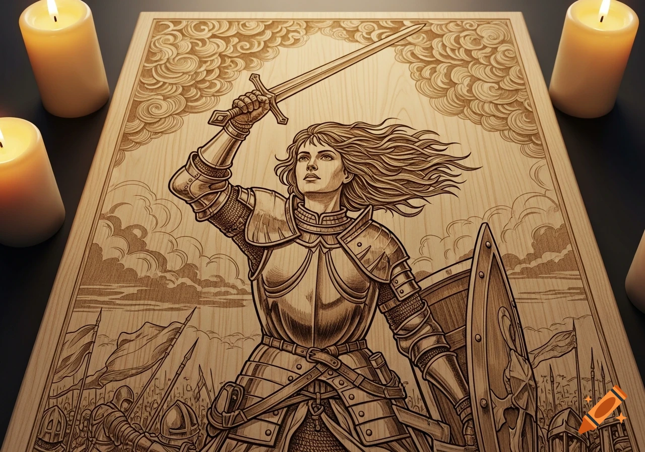 Engraved wood panel depicting Joan of Arc in armor, raising a sword above a battle scene, flanked by candles.