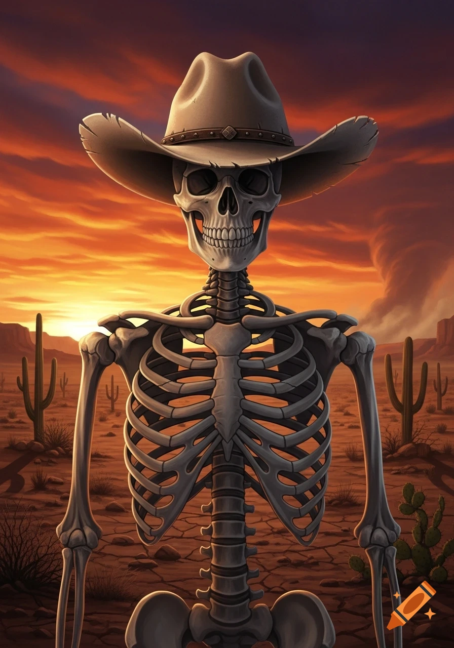 A stylized male skeleton wearing a cowboy hat stands in a vibrant desert landscape with cacti and a fiery sunset.