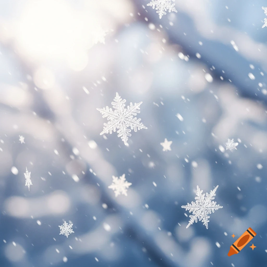 Close-up of delicate snowflakes falling against a soft, dreamy blue and white winter background with bright sunlight.