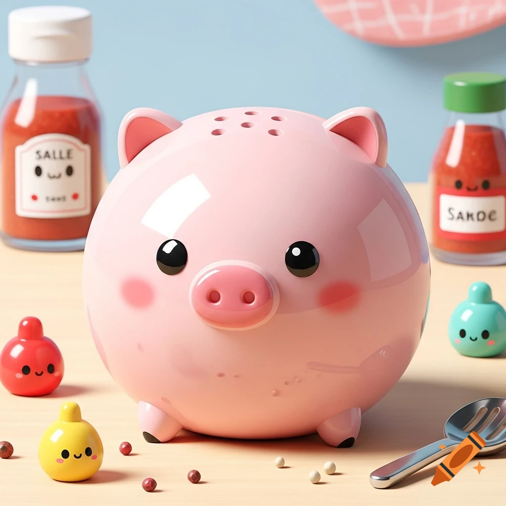 A cute, spherical pink pig salt shaker with black eyes and rosy cheeks stands on a light wooden surface, surrounded by small condiment bottles and other adorable kitchen items.