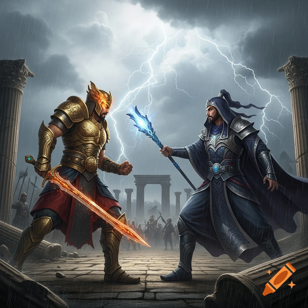 Two fantasy warriors, one in gold armor with a flaming sword and one in blue robes with a glowing staff, face off in a rainy ruined city under lightning.