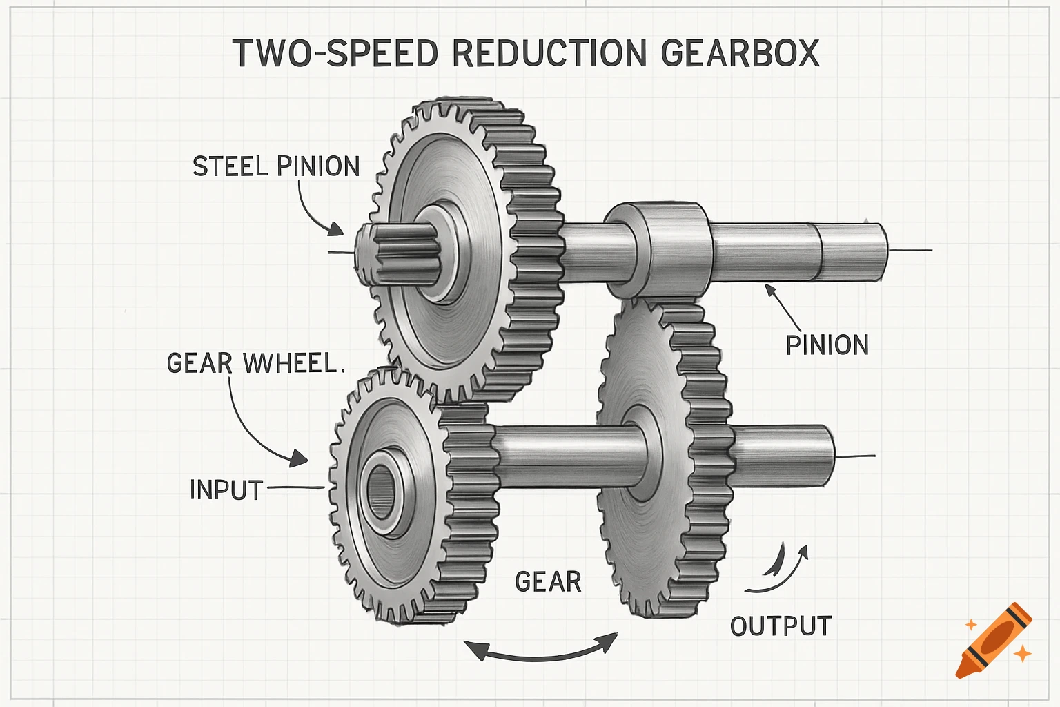 Schematic drawing of a two-speed reduction gearbox with labeled components including pinions, gears, input, and output.