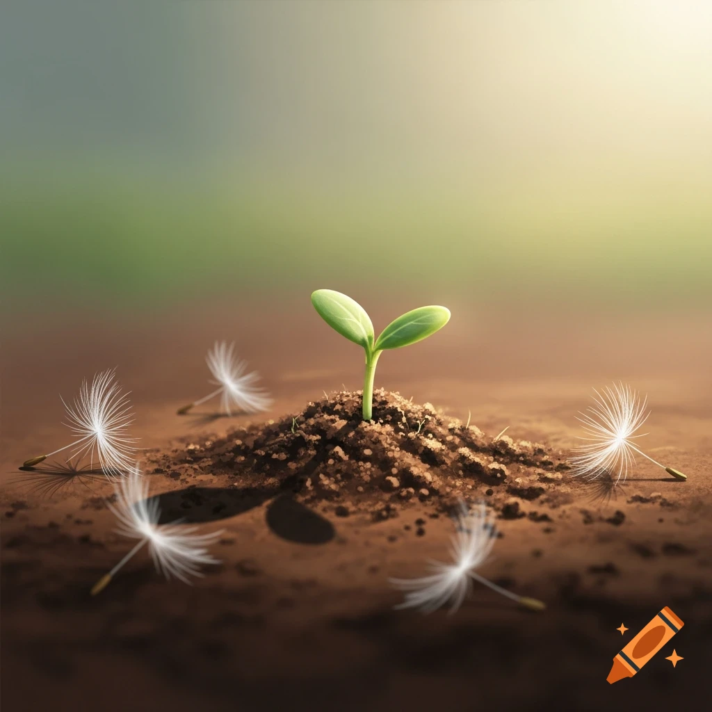 A tiny green plant sprout emerges from dark soil, surrounded by delicate dandelion seeds in warm sunlight.