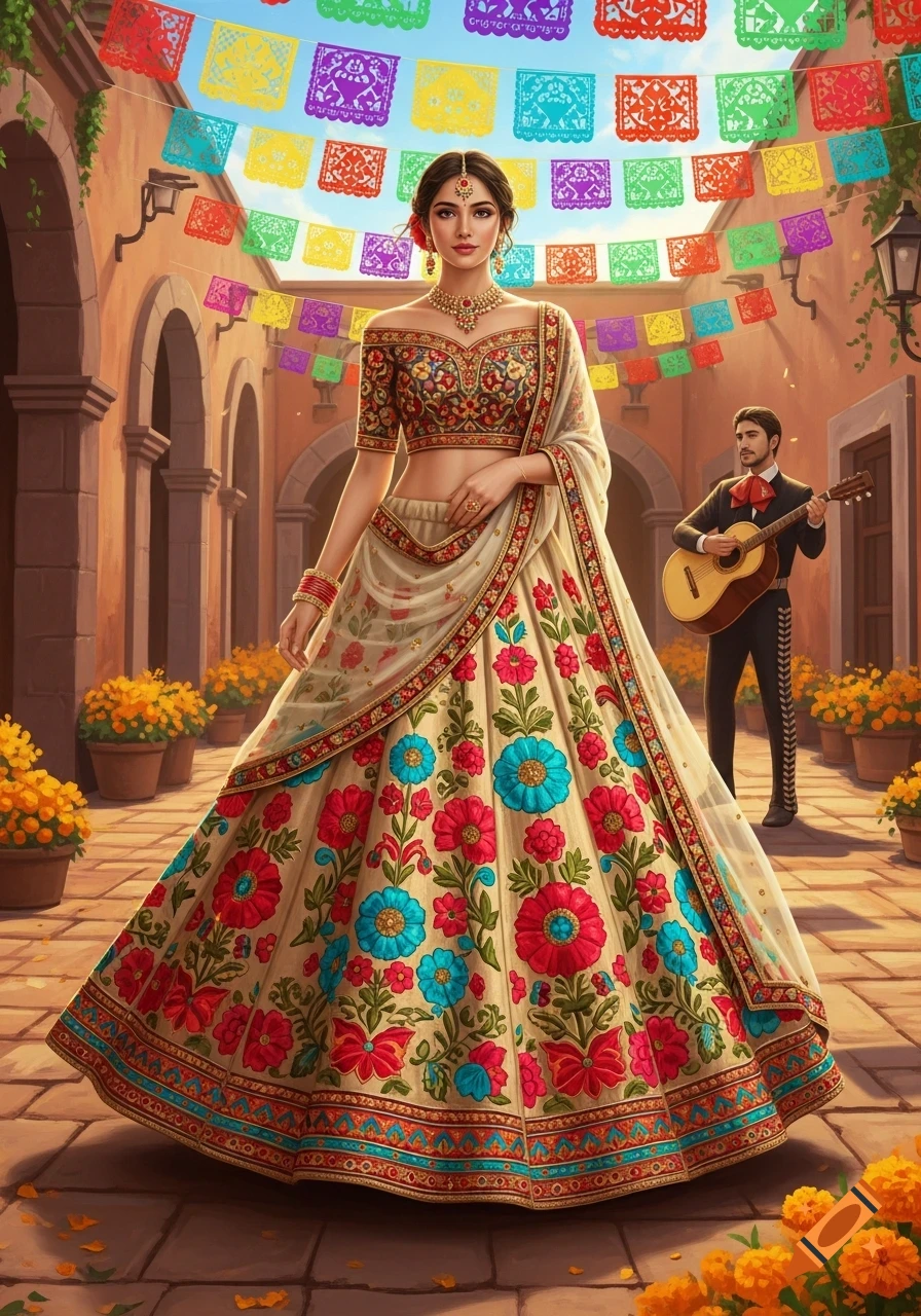 A woman in a vibrant floral lehenga stands on a festive street under colorful papel picado, with a man playing guitar in the background.