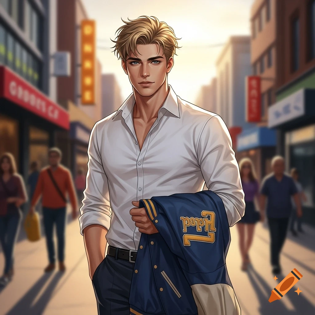 A handsome young man with blonde hair and blue eyes wears a white shirt, holding a blue and gold high school jacket over his arm as he walks on a city street at sunset, in an anime style.