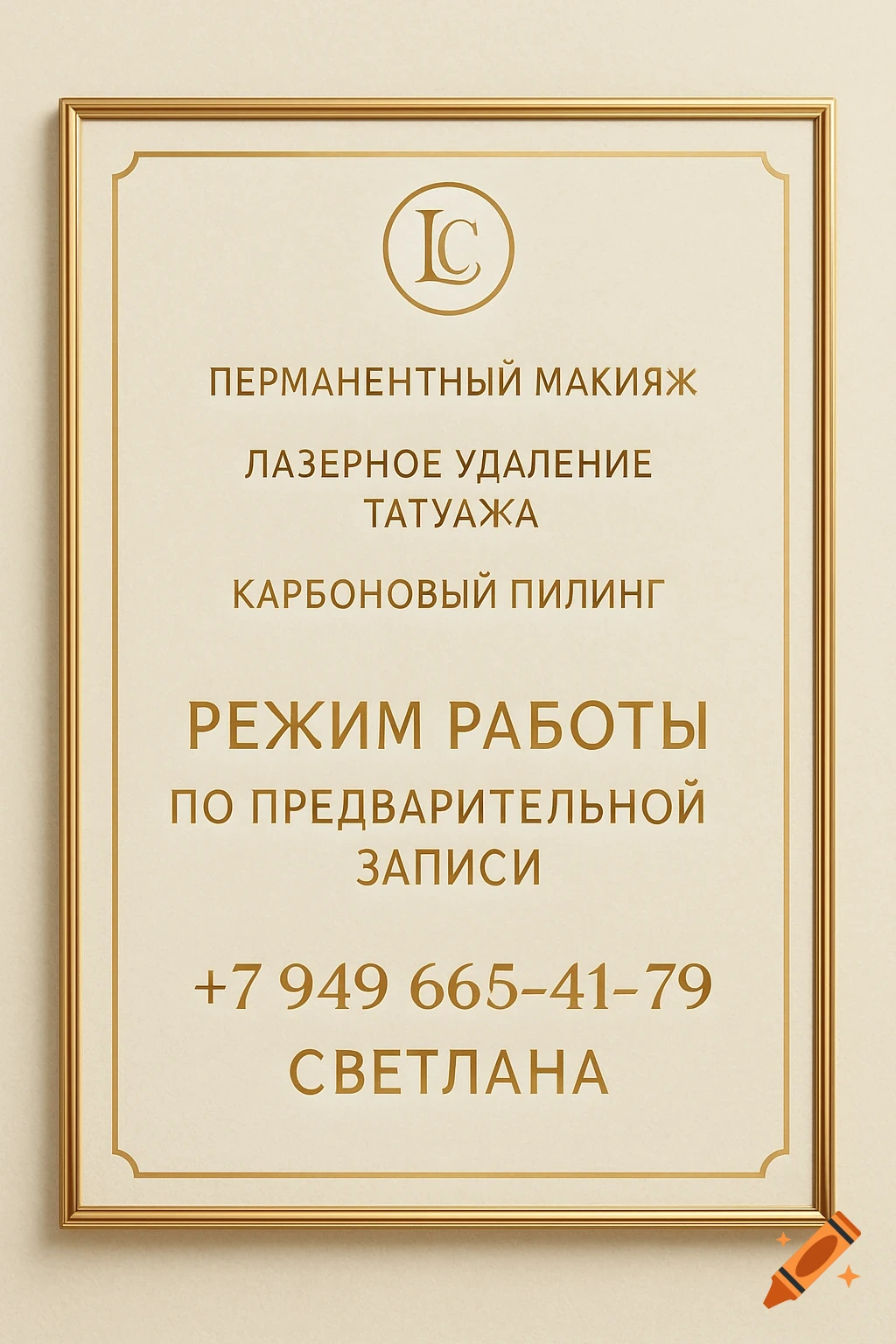 Elegant gold-framed sign with Russian text advertising beauty services like permanent makeup and tattoo removal, along with contact details.