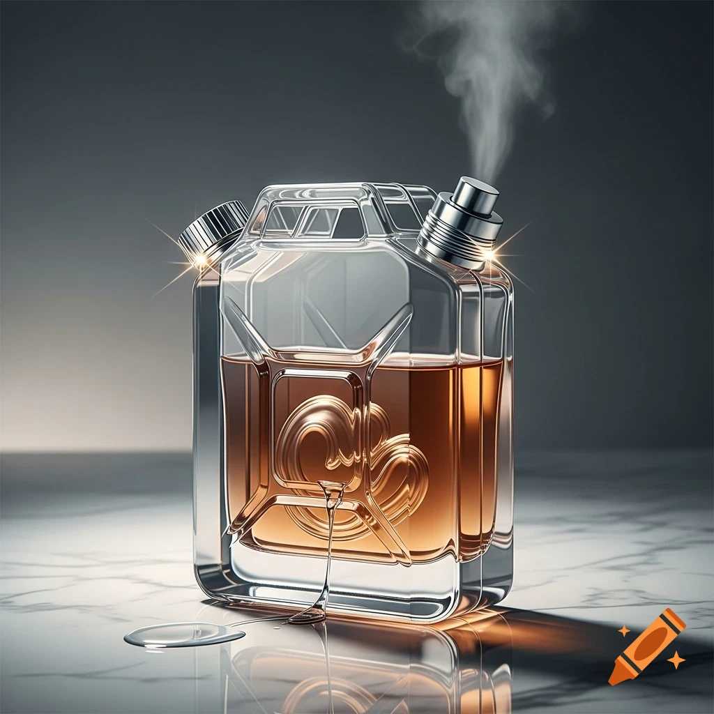 A clear glass perfume bottle shaped like a petrol jerry can, filled with amber liquid, with a spray nozzle emitting a puff of smoke. The bottle rests on a marbled surface.