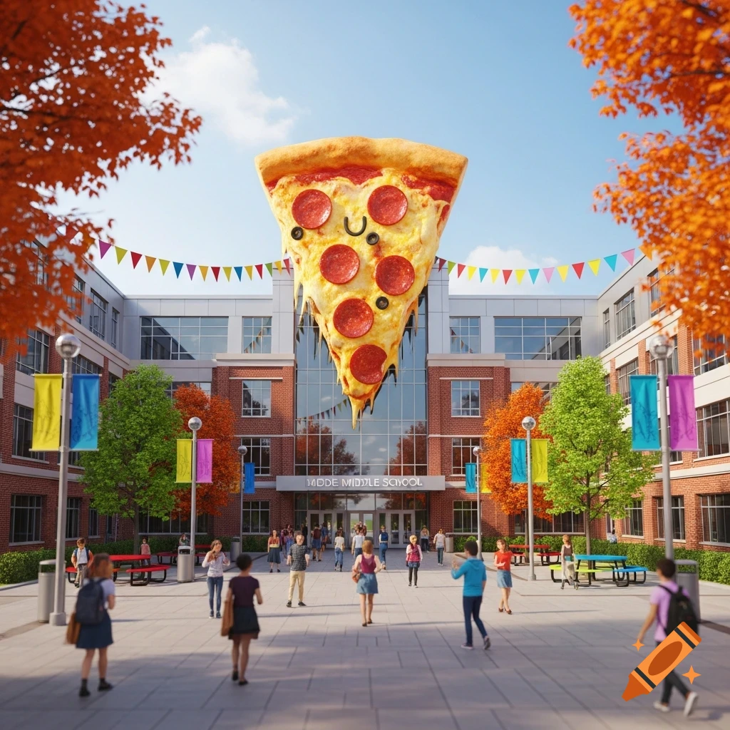 A giant smiling pepperoni pizza slice floats above a bustling middle school courtyard in autumn.