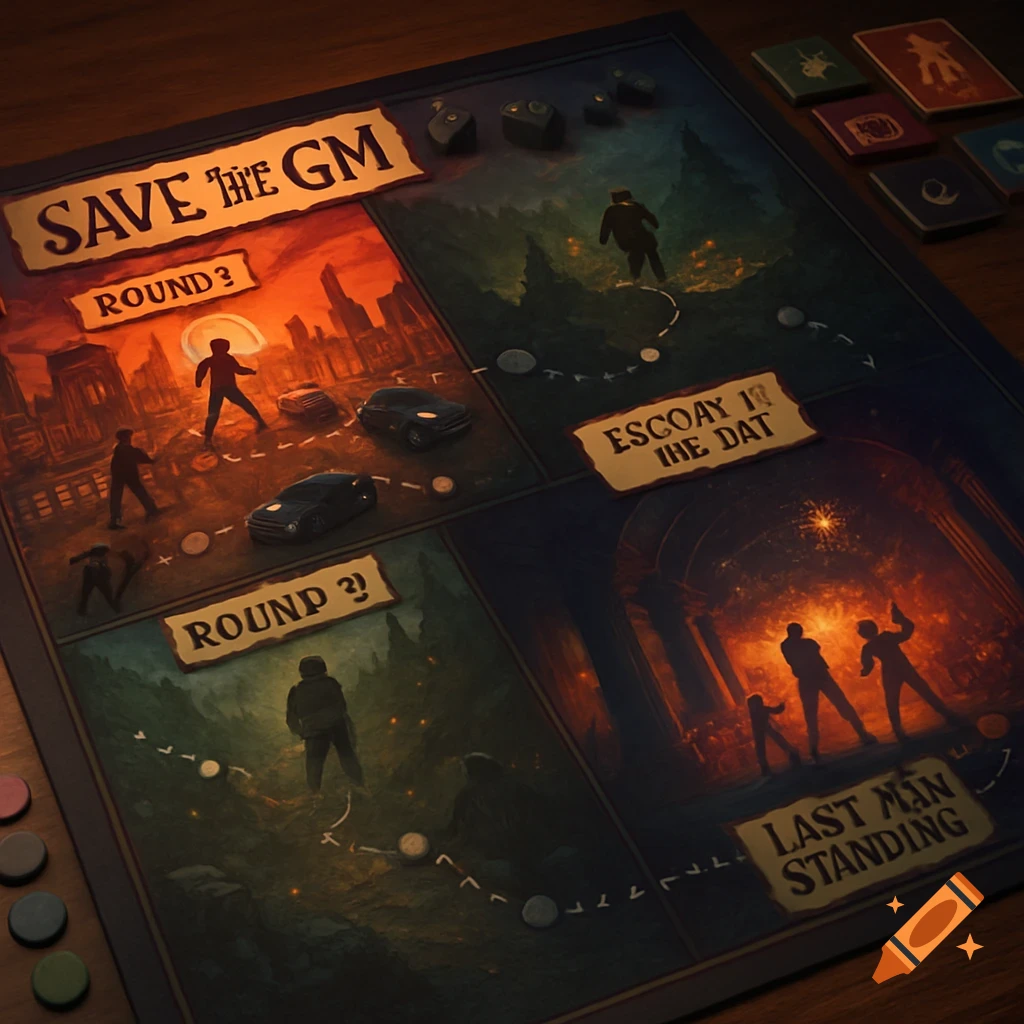 A stylized board game with four distinct scenes, including urban ruins and forested paths, with titles "Save the GM" and "Last Man Standing".