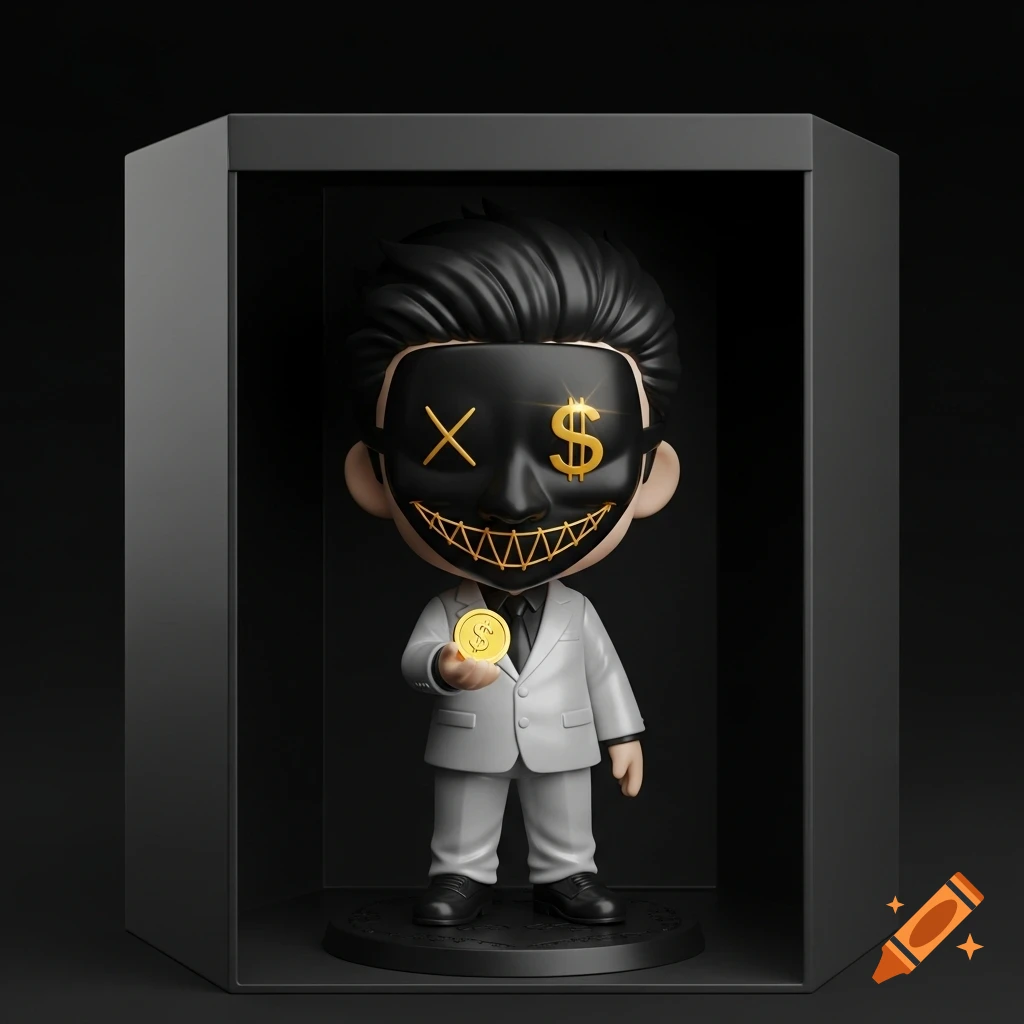 A chibi figurine in a display box, wearing a black mask with an X and dollar sign, holding a gold coin.