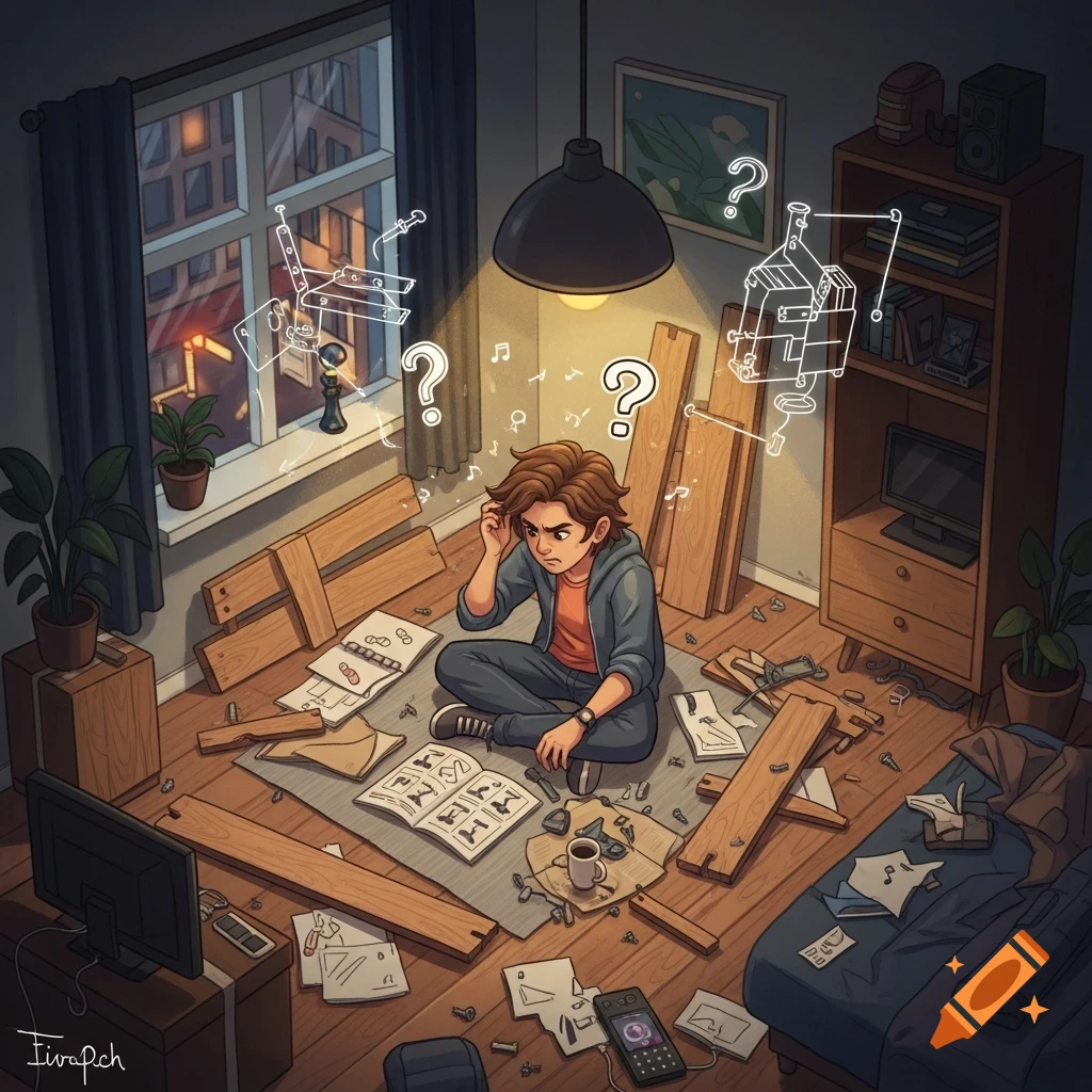 An illustration of a confused person sitting on the floor surrounded by flatpack furniture parts and instruction manuals.