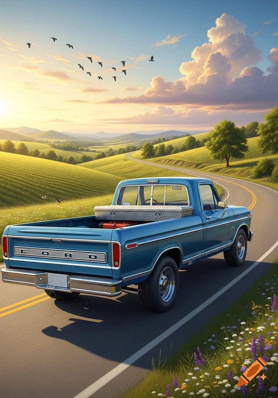 A blue Ford pickup truck with a toolbox in its bed drives down a winding road through lush green rolling hills at sunset.