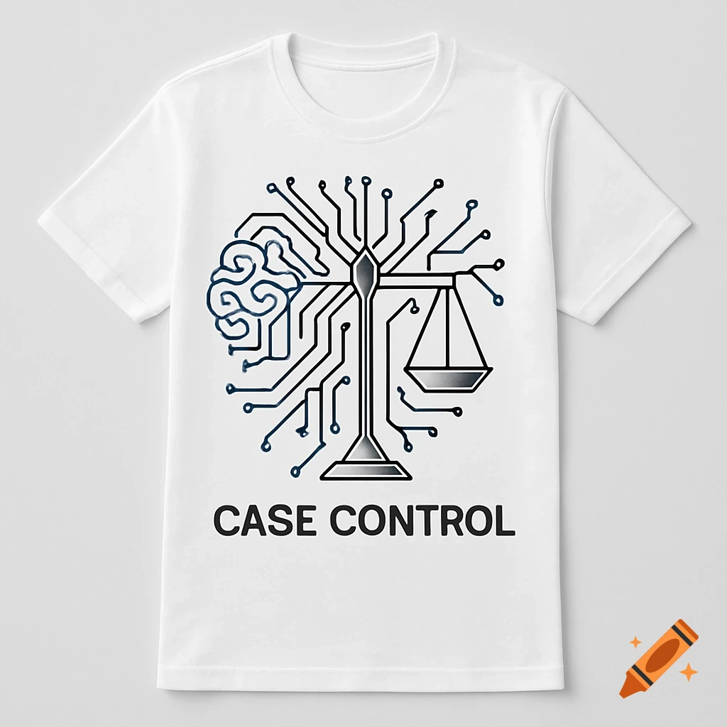 A white t-shirt features a graphic design combining a circuit board brain and scales of justice, with the text 'CASE CONTROL' below it.