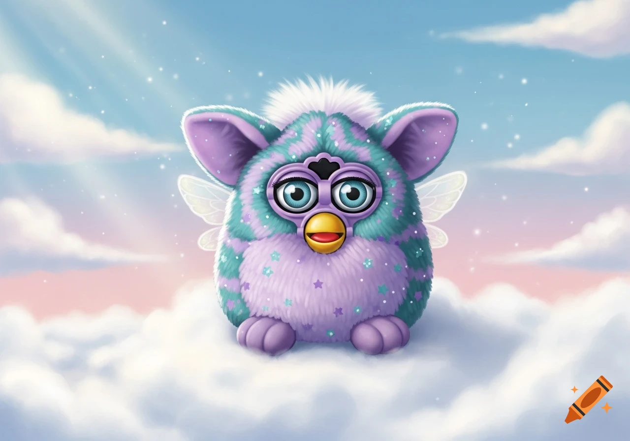 A cute teal and purple striped Furby-like creature with fairy wings floats on white clouds against a pastel sky with stars.