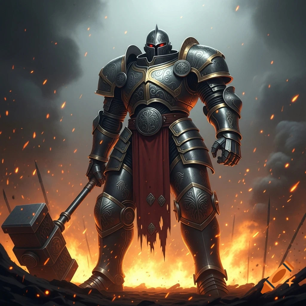 A powerful knight-like warrior in ornate black and gold armor with glowing red eyes, standing commandingly on a fiery battlefield under a smoky sky, wielding a huge hammer.