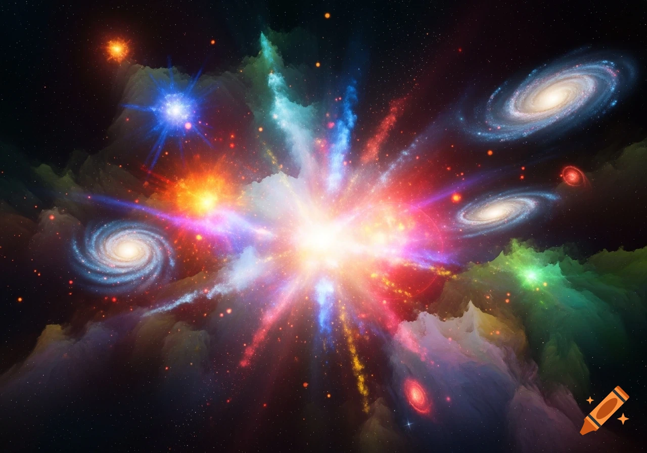 A vibrant cosmic explosion with a bright center and colorful rays, surrounded by nebulae and multiple spiral galaxies.