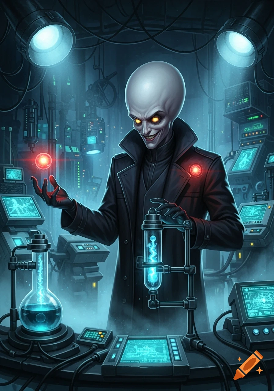 A bald, grinning supervillain with glowing yellow eyes in a black trench coat stands in a sci-fi lab, holding a red orb and manipulating a glowing blue liquid in a beaker.