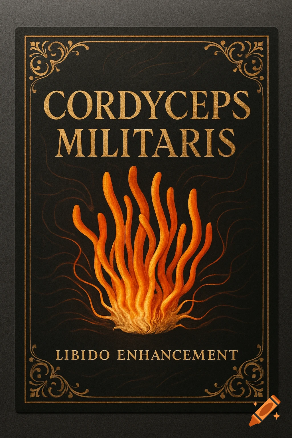 Vintage-style label for Cordyceps Militaris, with golden text and illustration of orange cordyceps mushrooms on black.