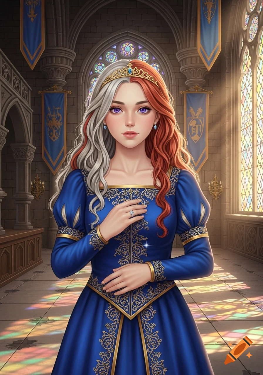 A fantasy princess with long wavy split silver and red hair, lilac eyes ...