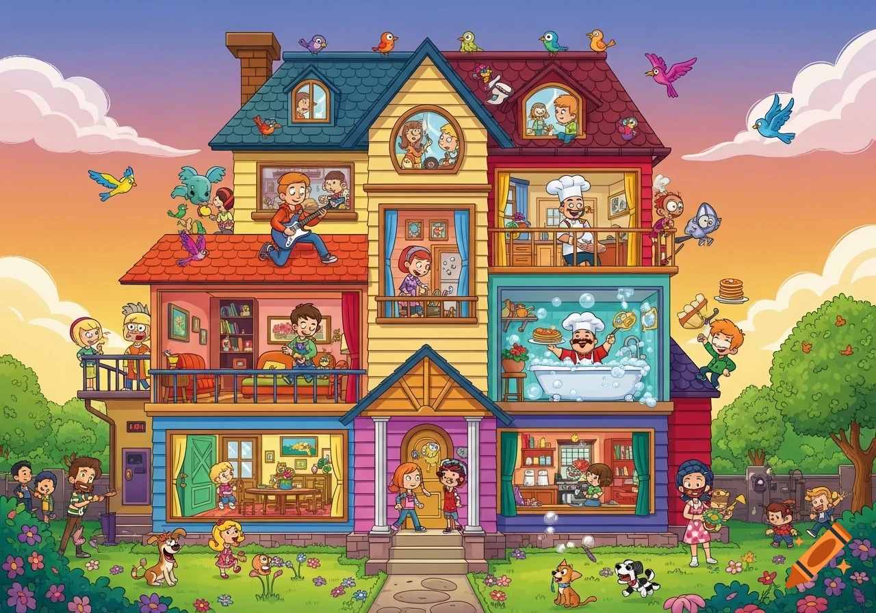 Vibrant cartoon illustration of a large, colorful house bustling with characters playing music, cooking, and relaxing.