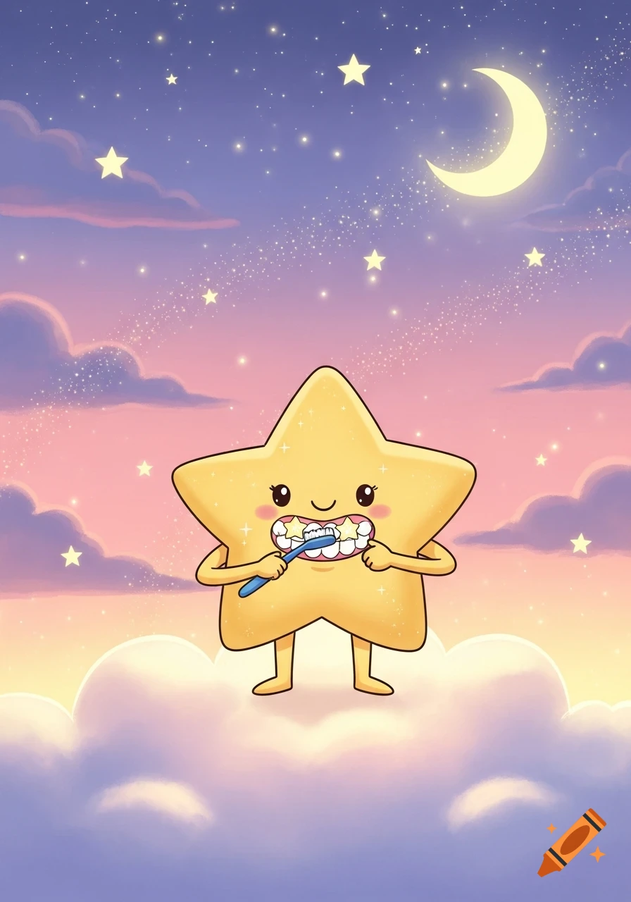 A cute, shining cartoon star with legs and arms brushes its teeth, standing on a cloud in a pastel starry night sky with a crescent moon.