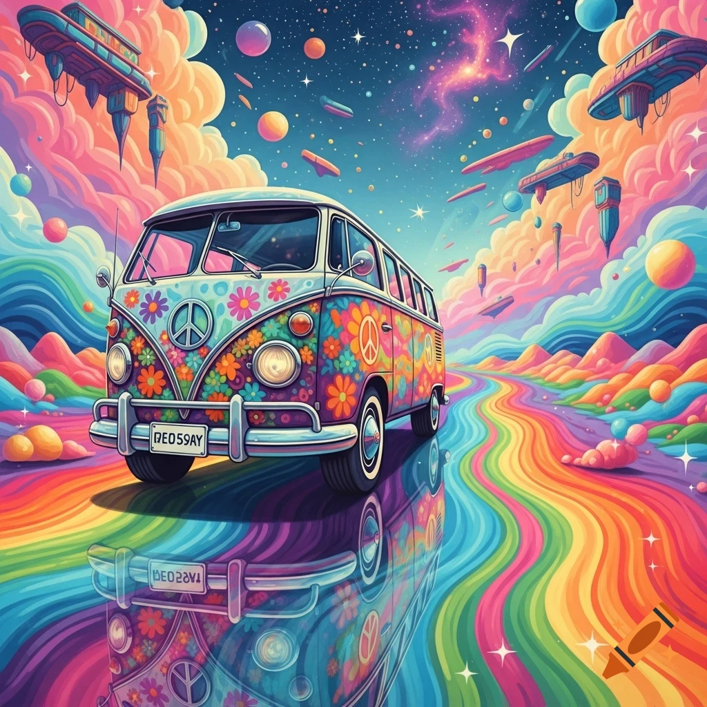 A psychedelic hippie van with flower power designs drives on a rainbow road through a surreal landscape with colorful clouds and celestial bodies.