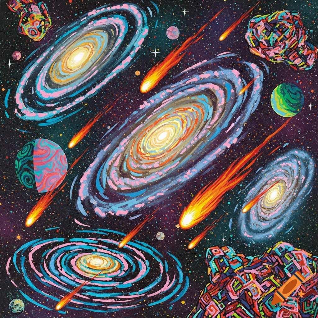 A vibrant, abstract expressionist artwork of outer space with swirling, colorful galaxies, streaking comets, and abstract planets.