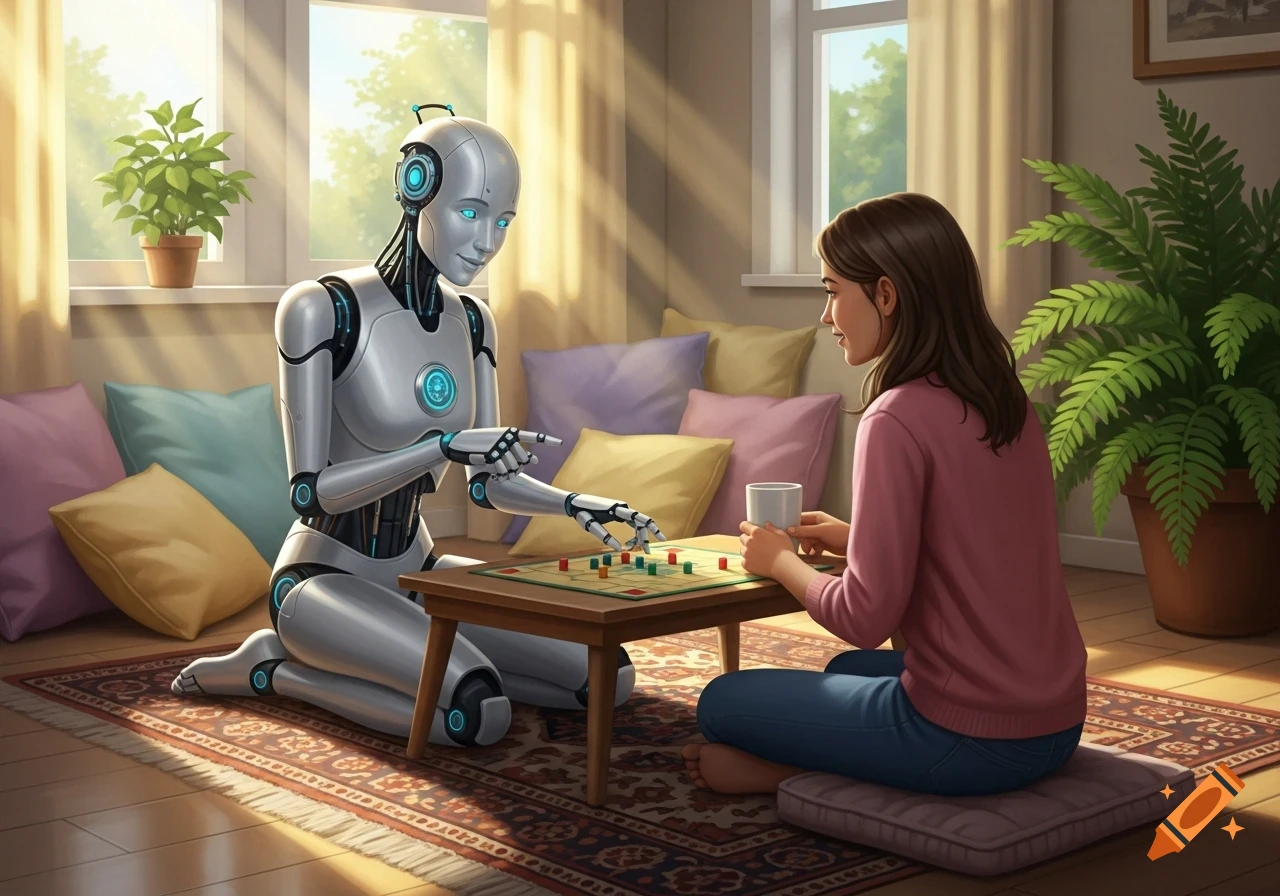 A friendly robot and a human play a board game on a sunny rug in a living room.