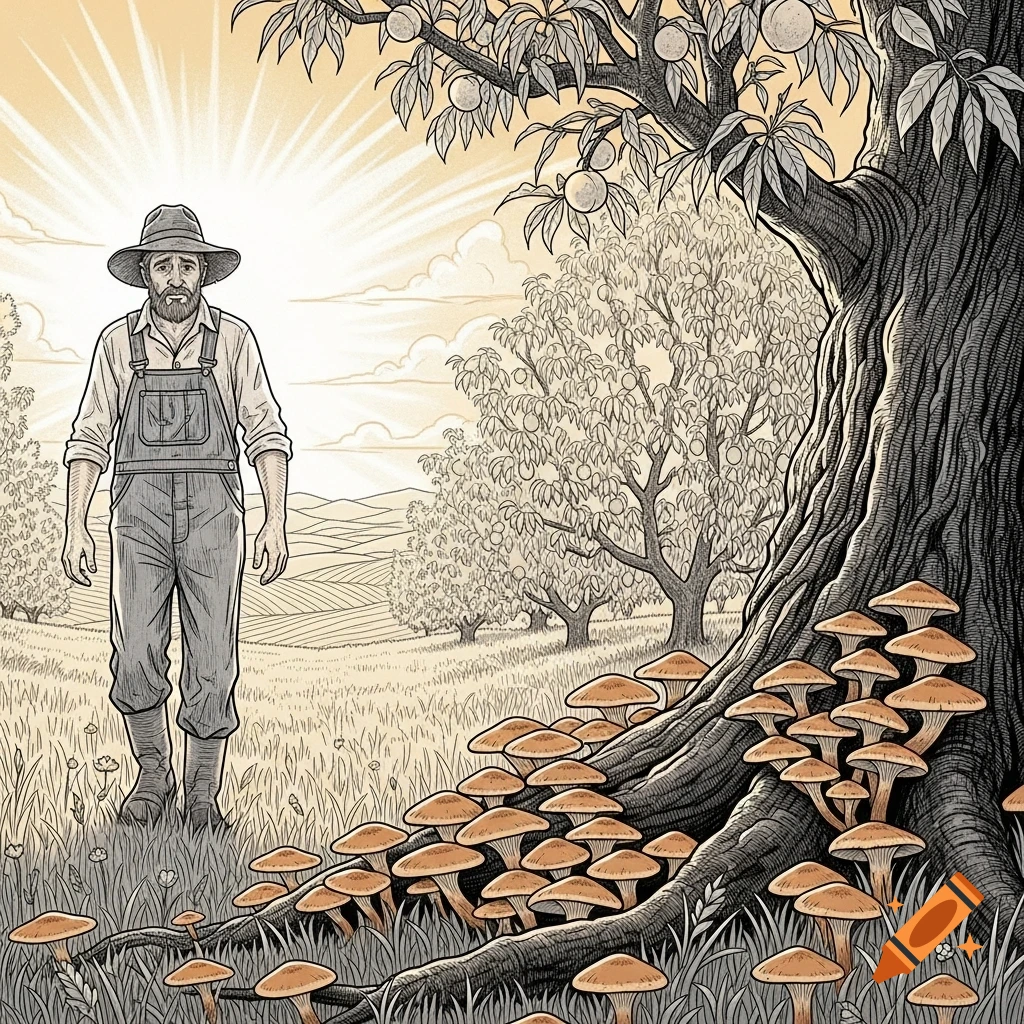 A desperate farmer in a line drawing style walks through a peach orchard, finding honey mushrooms around a tree.