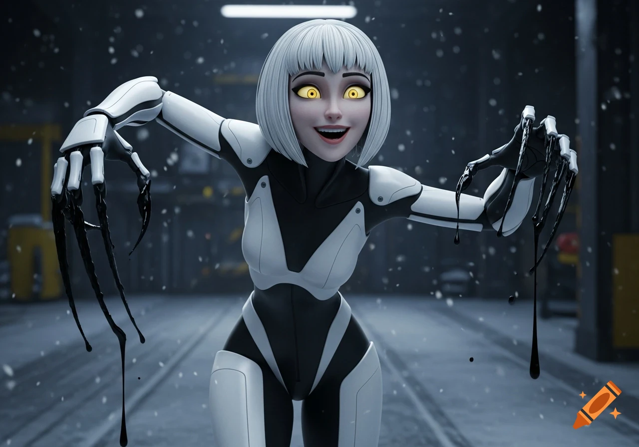 CGI image of Serial Designation V, a white and black robotic character with glowing yellow eyes, manic smile, and black oil dripping from extended claws in a snowy industrial setting.