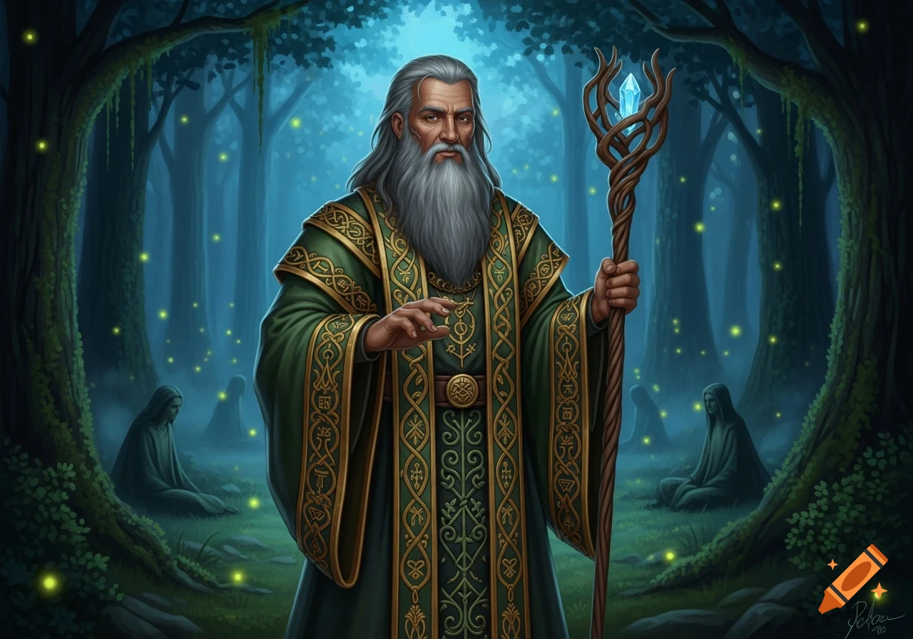 A wise old druid in an ornate green robe holds a crystal staff in a magical forest with glowing fireflies and shadowy figures.