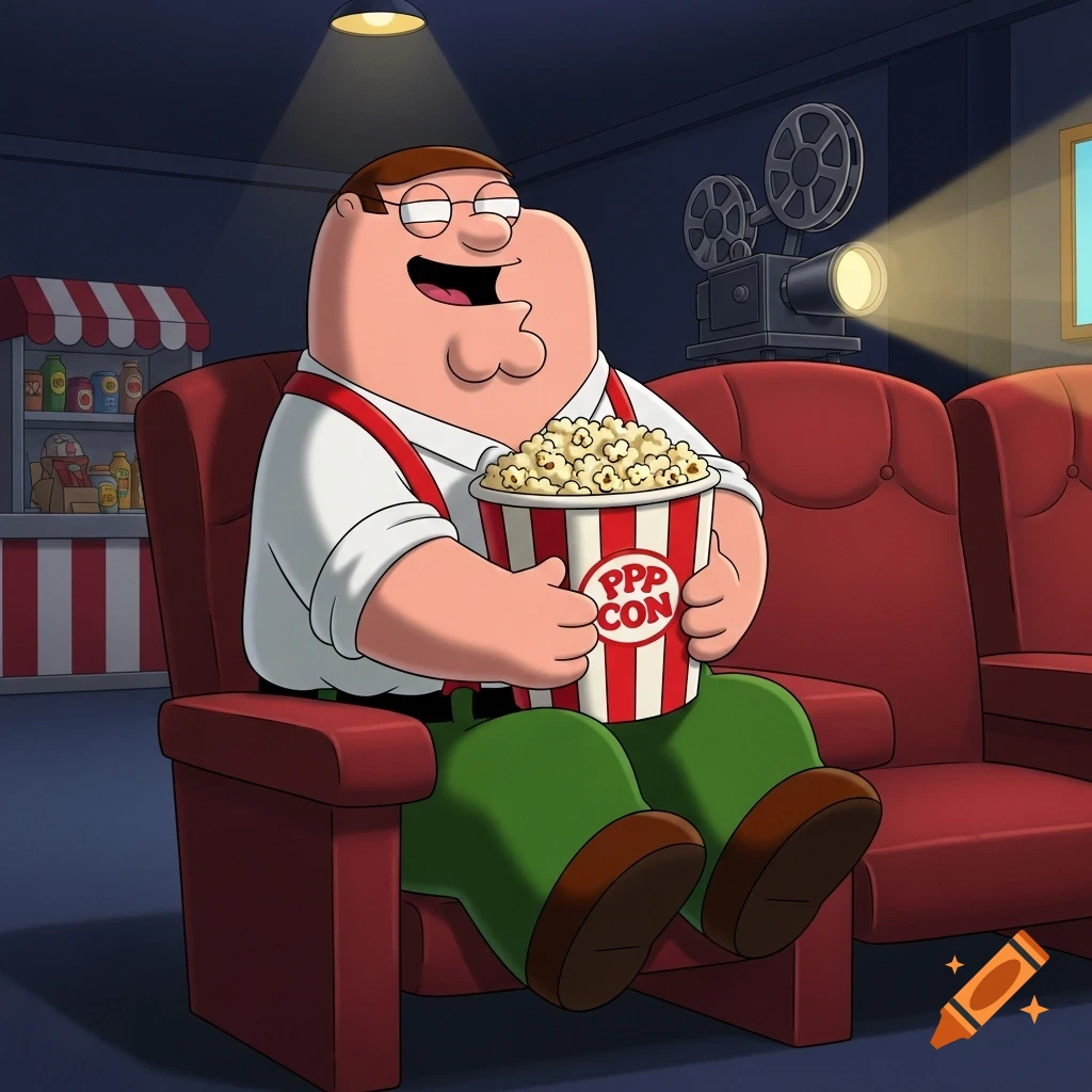 Peter Griffin sits in a movie theater, happily holding a large bucket of popcorn.