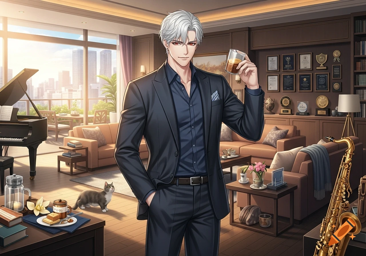 An anime-style man with white hair in a suit holds a drink in a luxurious penthouse living room with a piano, saxophone, cat, and city view.