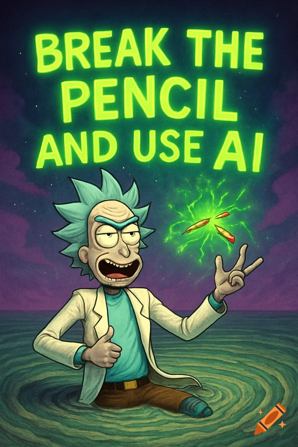 Cartoon Rick Sanchez gives a thumbs up in swirling green liquid, with glowing text 'BREAK THE PENCIL AND USE AI' above and floating pencils.