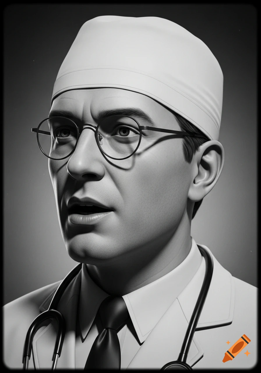 Black and white retro portrait of a doctor in a cap, glasses, lab coat, and stethoscope, mouth open, head turned left.