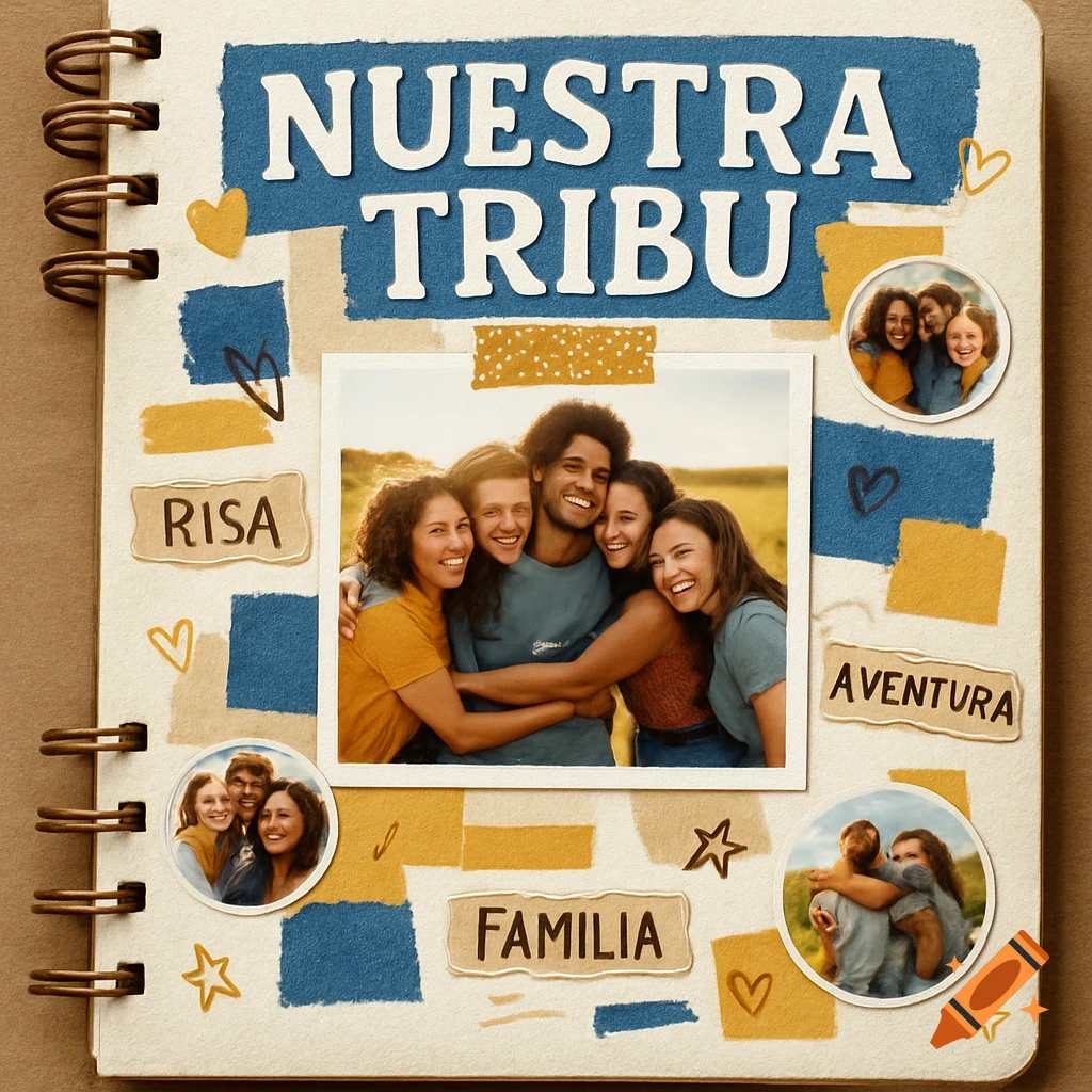 A vibrant scrapbook page with 'NUESTRA TRIBU' title, featuring a central photo of diverse smiling friends hugging, surrounded by smaller photos, colorful paper scraps, and labels like 'RISA' and 'FAMILIA'.